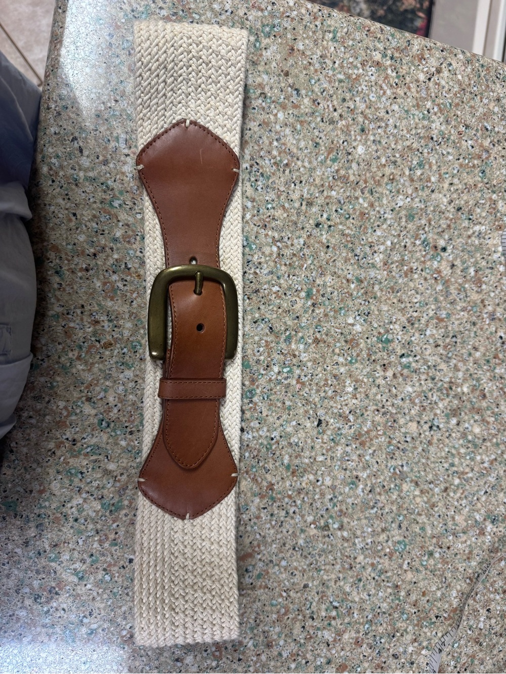 Woven Cream and Brown Leather Belt with Brass Buckle - Picture 7 of 7